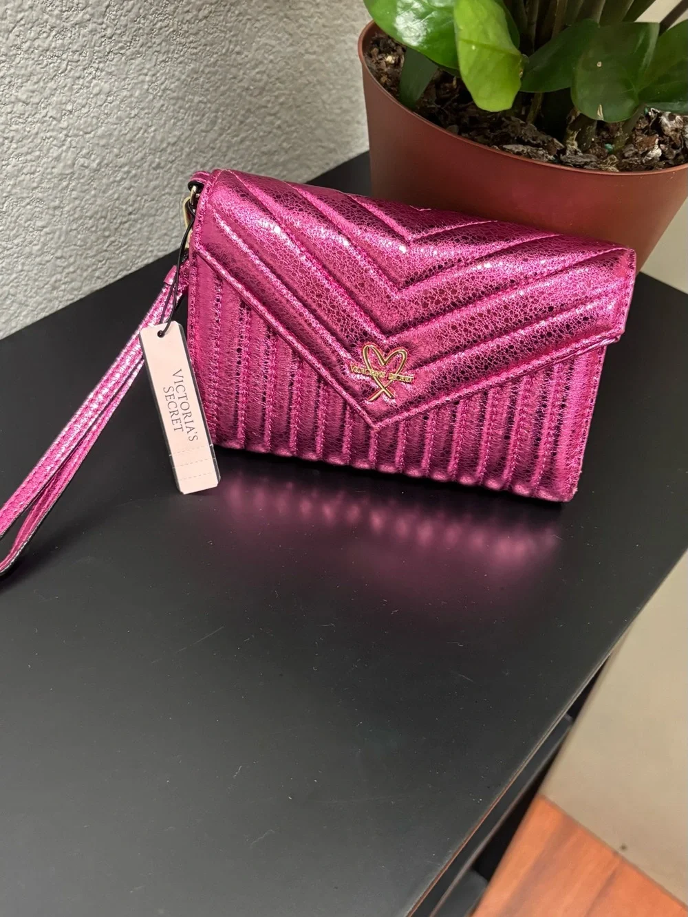 Victoria's Secret Metallic Fuchsia Quilted Wristlet